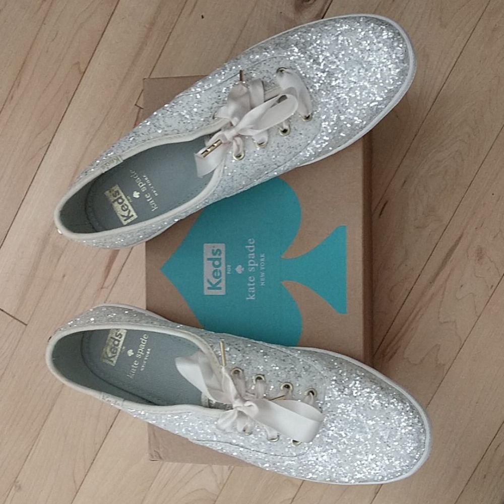 Keds for Kate Spade white glitter tennis shoes
